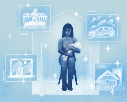 Illustration of a woman holding a baby surrounded by images of a new house, a car, a mountain adventure and a crib.