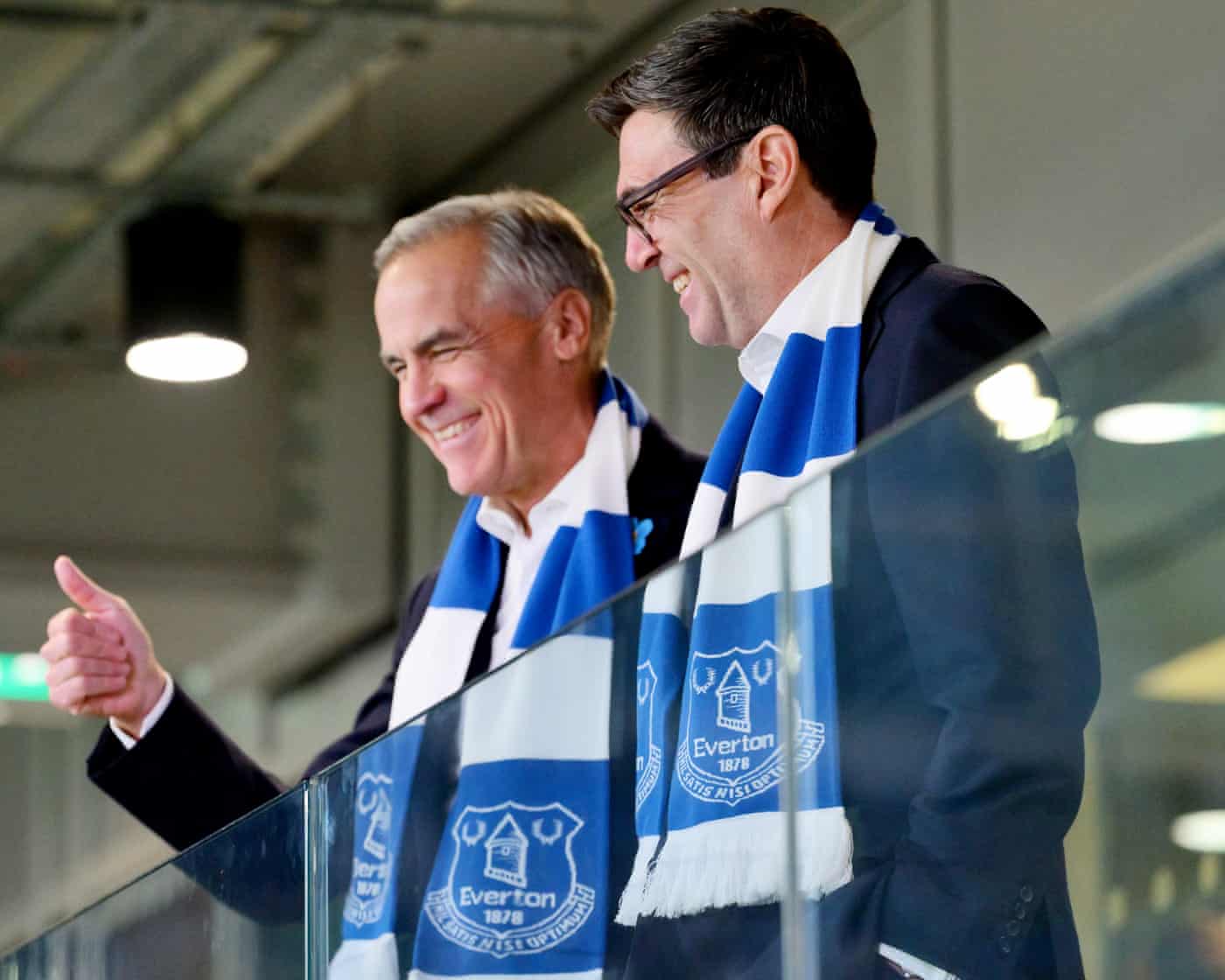 Mark Carney and Andy Burnham before the Carabao Cup Third Round match between Everton and Wolverhampton Wanderers at Hill Dickinson Stadium in Liverpool, England.