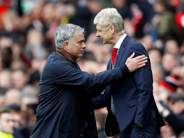 Wenger and Mourinho after an Arsenal-Manchester United match at Old Trafford in April 2018.
