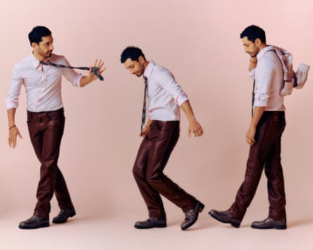 Series of three portraits of Riz Ahmed as if he is walking along a line. He is wearing a white shirt, a tie and dark trousers