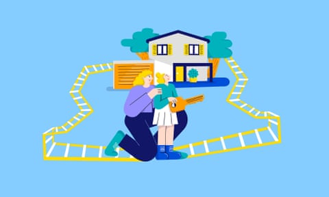 Illustration of people holding key, navigating housing ladder to get to a house