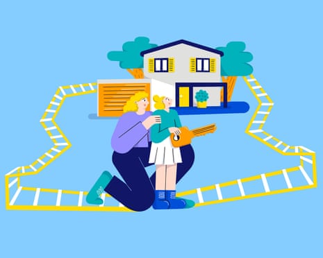 Illustration of people holding key, navigating housing ladder to get to a house