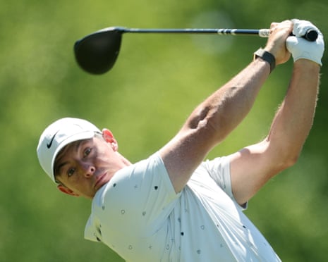 Rory McIlroy hits a tee shot on the second hole during the third round of the PGA Championship at Aronimink Golf Club