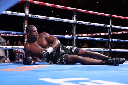 Daniel Dubois looks dazed after being knocked down by Oleksandr Usyk.