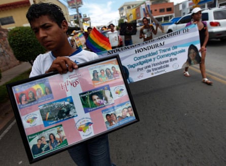 LGBTQ activists march against homophobia in Tegucigalpa, the capital of Honduras. a year after the murder of Vicky Hernández.