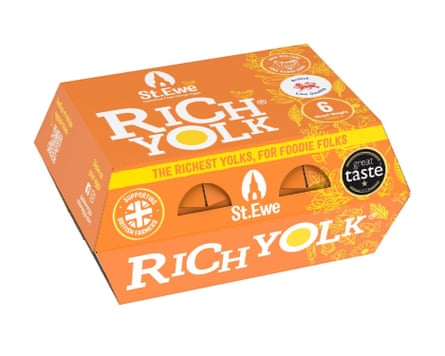 An box of 6 St. Ewe Rich Yolk Free Range Eggs. The branding is orange yellow and white.