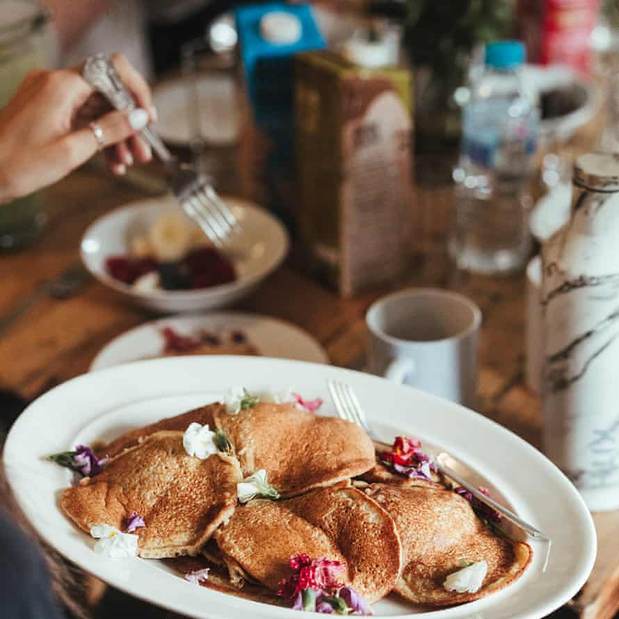 Dish of vegetarian pancakes at Fair Oak Farm wellness retreat in East Sussex, UK.