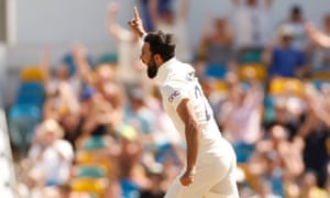 Saqib Mahmood celebrates taking the wicket of West Indies’ Shamarh Brooks.