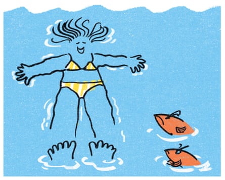 An illustration of a woman floating on her back in the sea while two orange fish swim near her.