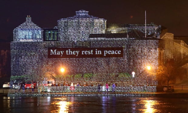 The names of children who died at Bessborough mother and baby home in County Cork, projected onto Athlone castle in County Westmeath in February.