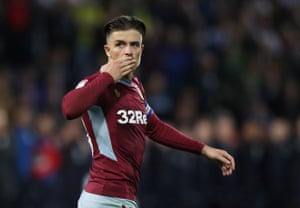Jack Grealish of Aston Villa celebrates after he has kicked his corner kick at home.