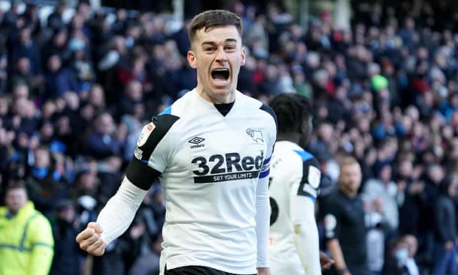 Tom Lawrence celebrates after putting Derby 3-2 ahead from the spot against Bournemouth.