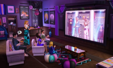 Sims characters watching a screen