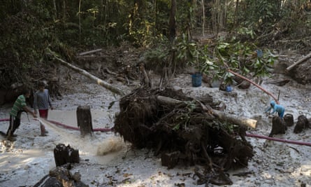 Miners work in a ravine at an illegal gold mine in the Itaituba area of Pará state, Brazil