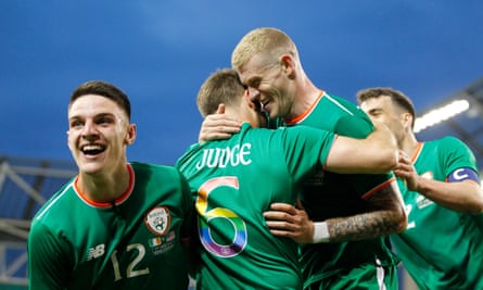 Declan Rice (left) celebrates an Ireland goal in a friendly against the USA in 2018.