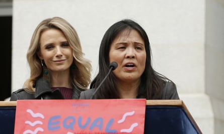 Julie Su speaks at an equal pay for women rally in Sacramento, California, in 2019.