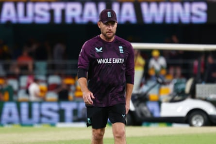 Brendon McCullum after England lost the second Ashes Test with a display saying ‘Australia wins’ behind him