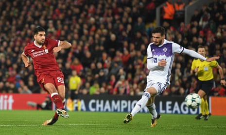 Emre Can of Liverpool scores his sides second goal.