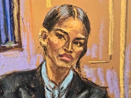 a courtroom sketch of a woman sitting in court