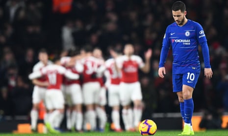 Arsenal v Chelsea, Premier League, Football, Emirates Stadium, London, UK - 19 Jan 2019<br>EDITORIAL USE ONLY No use with unauthorised audio, video, data, fixture lists (outside the EU), club/league logos or "live" services. Online in-match use limited to 45 images (+15 in extra time). No use to emulate moving images. No use in betting, games o
Mandatory Credit: Photo by Javier Garcia/BPI/REX/Shutterstock (10068599m)
Eden Hazard of Chelsea reacts as Alexandre Lacazette of Arsenal celebrates scoring the opening goal
Arsenal v Chelsea, Premier League, Football, Emirates Stadium, London, UK - 19 Jan 2019