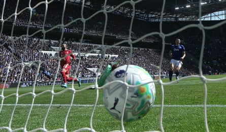 Mohamed Salah’s first Merseyside derby goal at Everton’s Hill Dickinson Stadium seen from behind