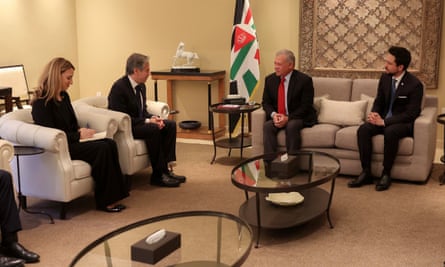 Blinken (second left) meeting King Abdullah of Jordan (second right) and Crown Prince Hussein (right) in Amman on Sunday