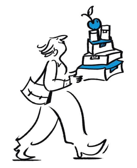Illustration of someone walking along, carrying a pile of lunchboxes in front of them, with an apple on top