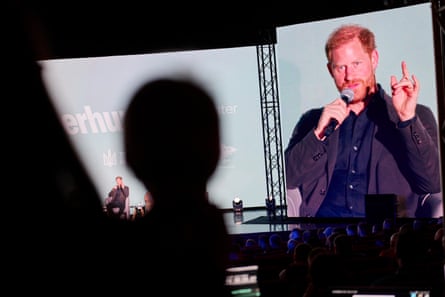 Prince Harry speaks on stage at the SuperHumans veterans event.