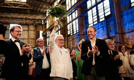 Lech Wałęsa, centre, at the concert at Gdynia shipyard, Poland, on 23 July 2024.