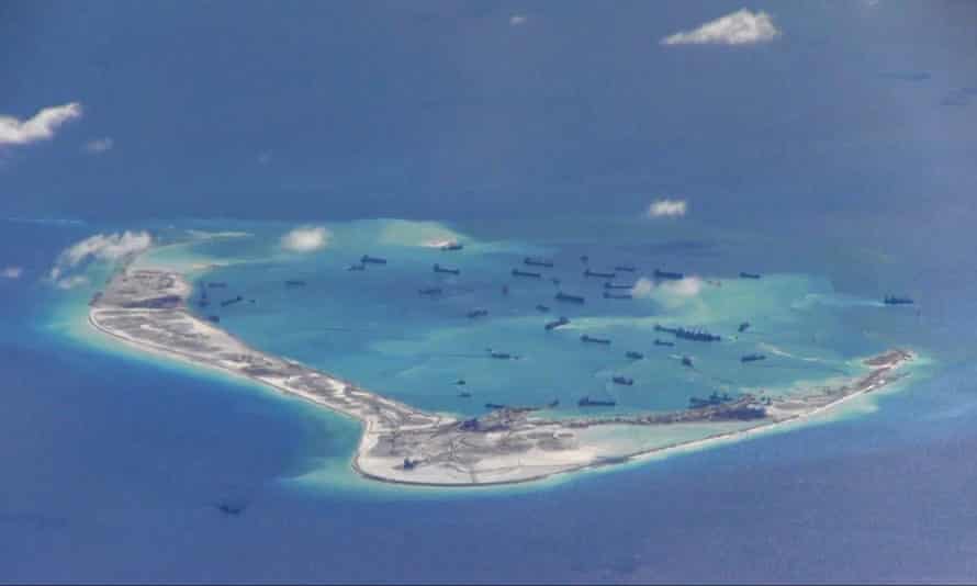 This image from US navy video purportedly shows Chinese dredging vessels in the waters around Mischief Reef in the disputed Spratly Islands.