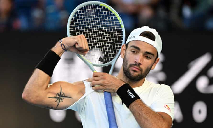 Matteo Berrettini celebrates winning his third round match against Carlos Alcaraz.