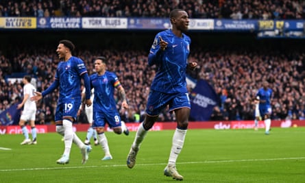 Nicolas Jackson celebrates after scoring against Aston Villa.