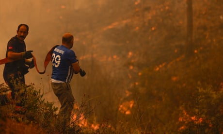 Firefighters work to extinguish the blaze in the Manavgat district of Antalya province, Turkey