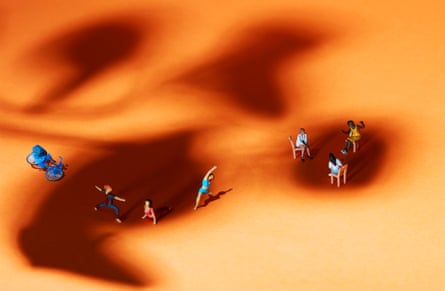 Photograph of miniature figures doing various activities in the shade