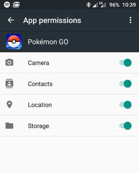 The permissions required by the legitimate Pokémon Go app on Android.