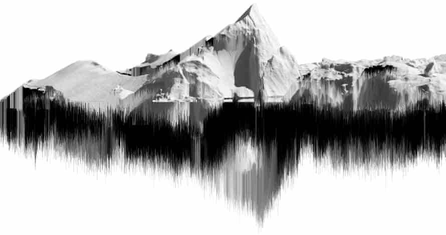 Black and white illustration of an iceberg with pixels dripping down representing oil