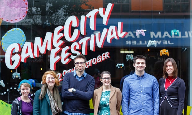 Presenters and guests from the Guardian’s breakfast show at GameCity in Nottingham. From the left: Elizabeth Simoens, Kat Brewster, Keith Stuart, Jordan Erica Webber, Arseniy Klishin and Laura Gray