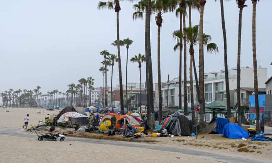 A homeless camp on the Venice Beach Boardwalk in Los Angeles, California.