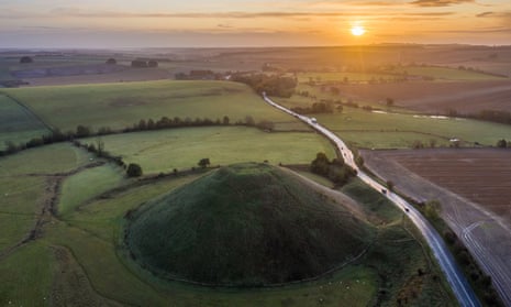 Silbury Hill, Wiltshire, at sunset.