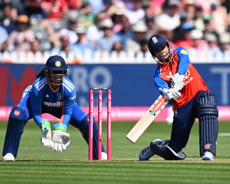 Sophia Dunkley hits an early six for England at Bristol.