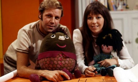 Brian Cant with Play School co-presenter Chloe Ashcroft and resident toys Humpty and Jemima.