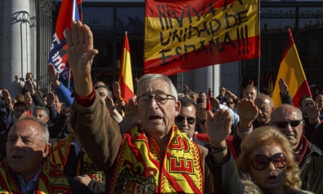 Supporters of Franco perform fascist salutes at a rally in Madrid last week commemorating his death.