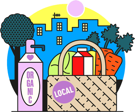 Colourful illustration a city scene with building in the distance and a tree. In the forefront is a pump bottles with organic written on the label and a wicker basket filled with refillable items and some organic looking items such as some carrots and milk. The colours are blues, pinks, purples and yellow and the style of illustration is quite cartoon like.