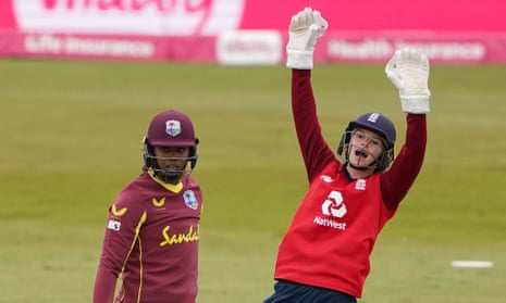 England wicketkeeper Amy Jones celebrates as West Indies Hayley Matthews is out lbw.