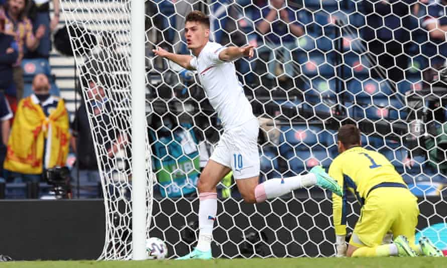Patrik Schick celebrates scoring against Scotland