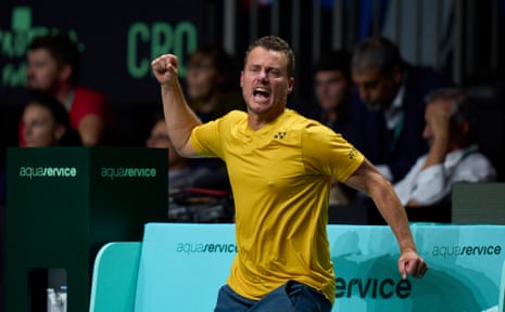 Lleyton Hewitt, captain of Australia, celebrates a point during the Davis Cup semi-finals match between Australia and Croatia.
