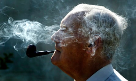 Tony Benn smokes a pipe at the Edinburgh international book festival, Edinburgh, 2003.