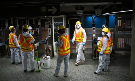 Workers clean the Grand Central subway station on 5 May.