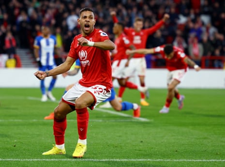 Nottingham Forest’s Renan Lodi celebrates after Brighton & Hove Albion’s Pascal Gross scores an own goal and the equaliser for Nottingham Forest.