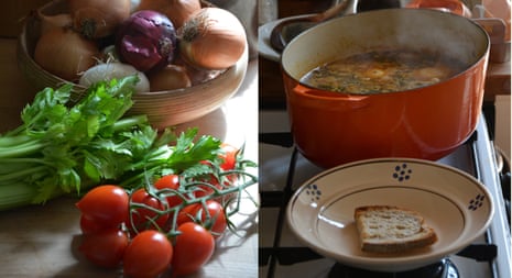 A Tuscan vegetable soup with bread and topped with an egg, AKA acquacotta.